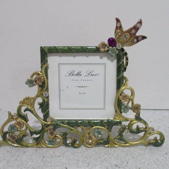 *Bella Lux Green Gold Floral Rhinestone Embellished Table Top Picture Frame - Picture 1 of 5